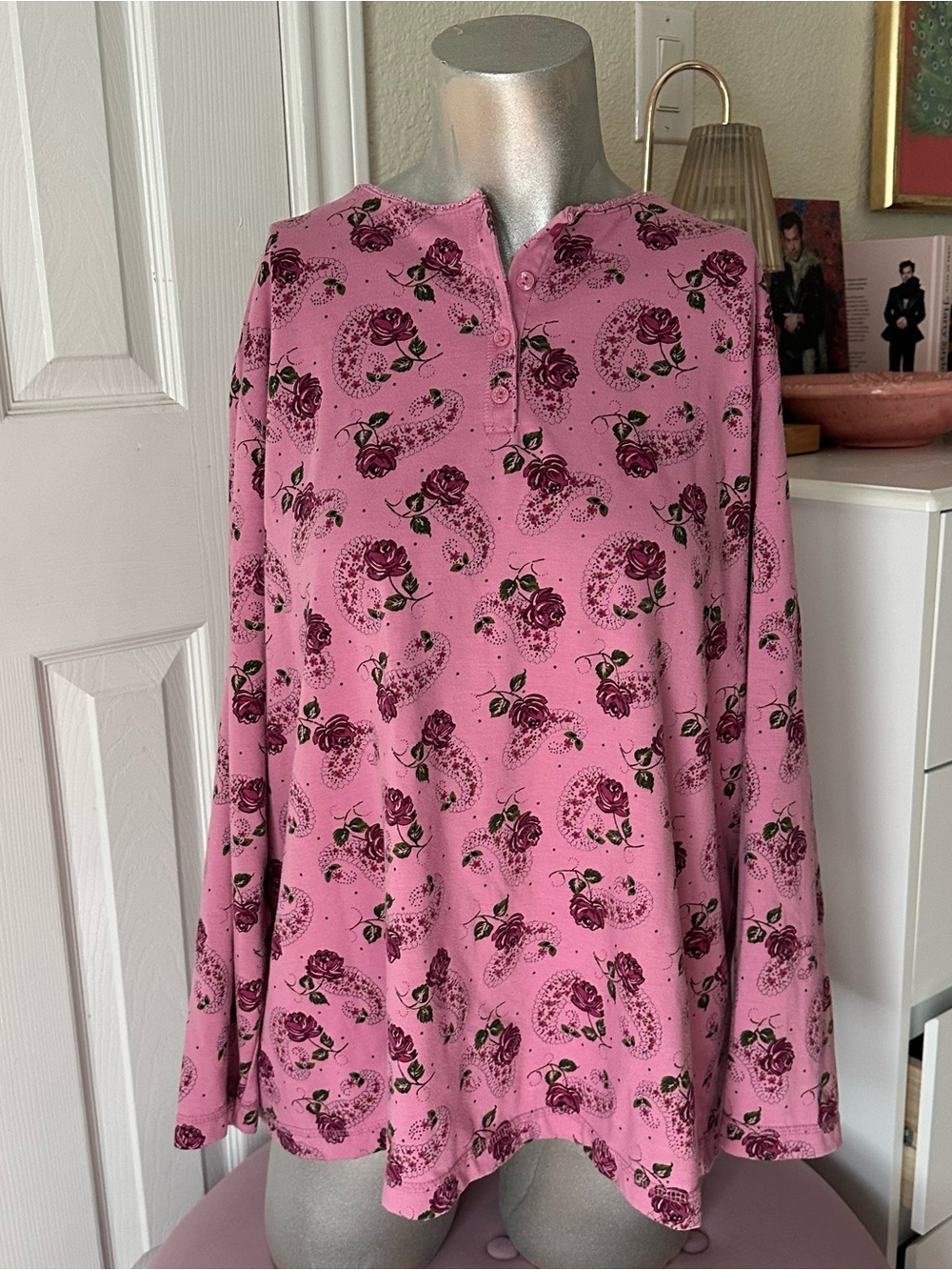 Vintage 90s L.A. Blues Pink & Purple Floral Paisley Print Long-Sleeve Henley Top